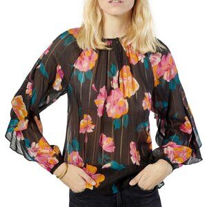 Joie 'Kriston' Floral-Print Semi-Sheer Silk Blouse, Caviar
